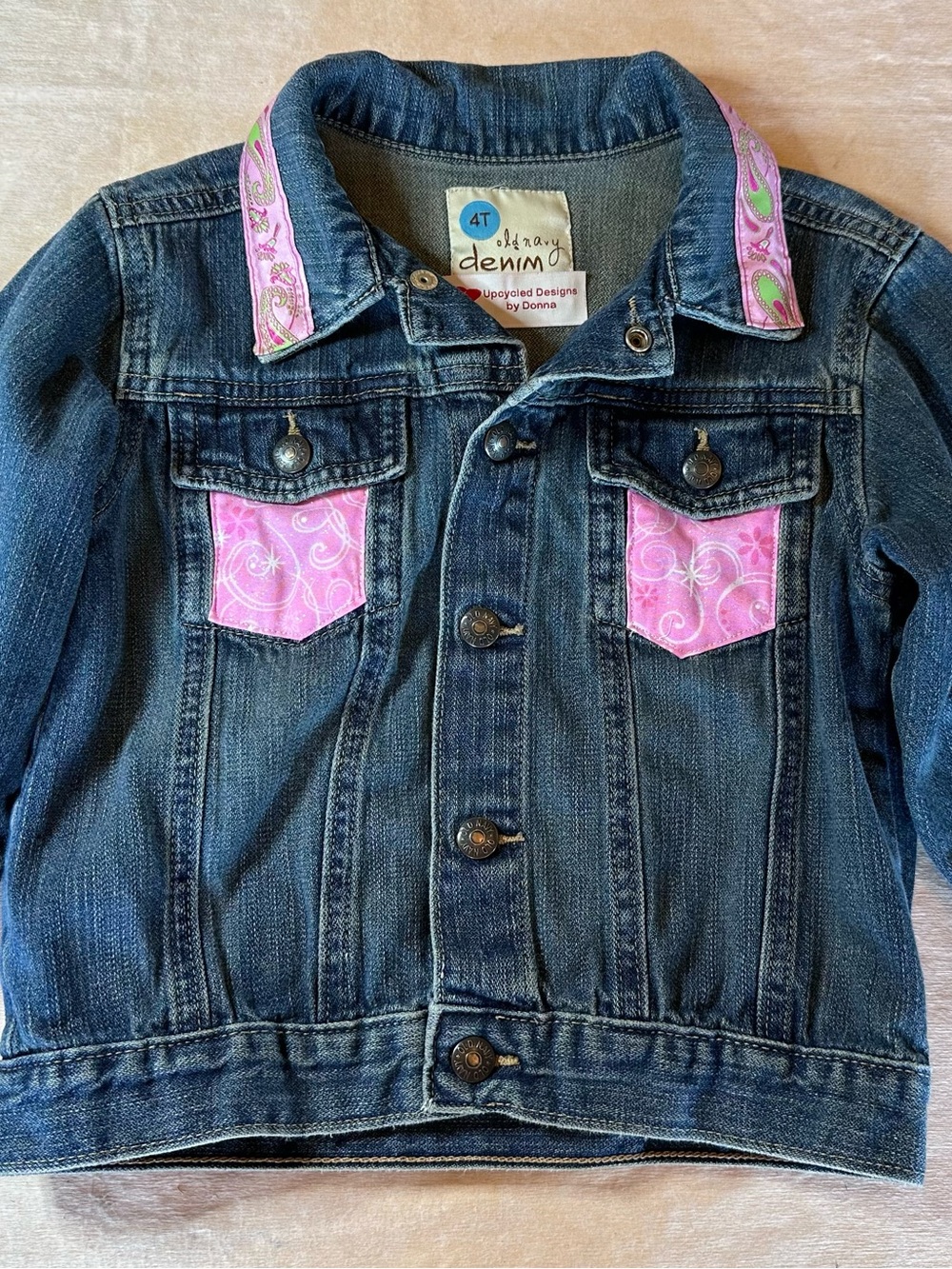 Upcycled Kids' Denim Jacket with Pink Accent - 4T